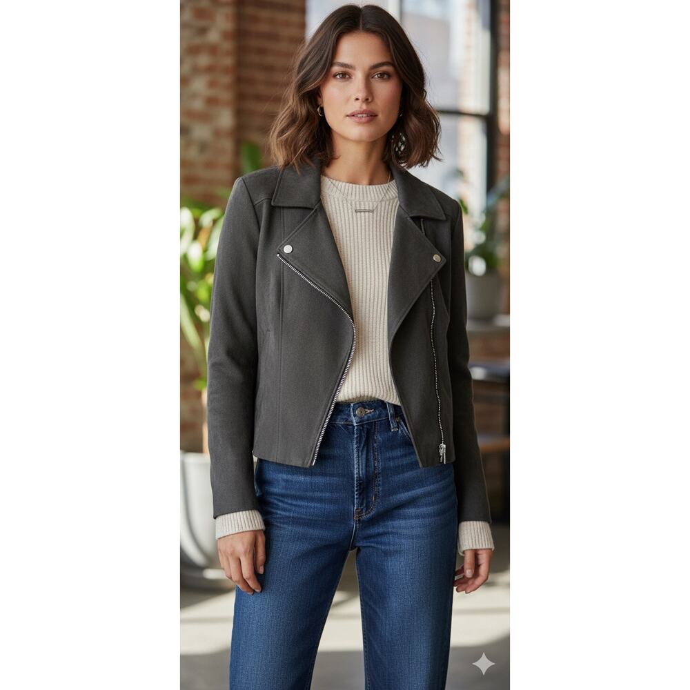 Tahari T Faux Moto Jacket Women's Suede Waterfall Layered Casual Chic Gray XS